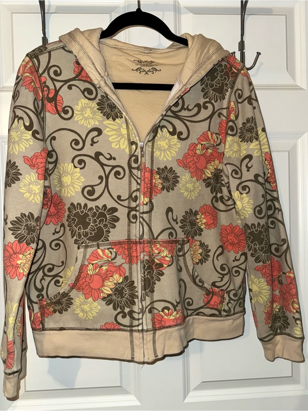 Izod Beige Floral Zip-Front Hoodie Jacket with Coral & Yellow Flowers L